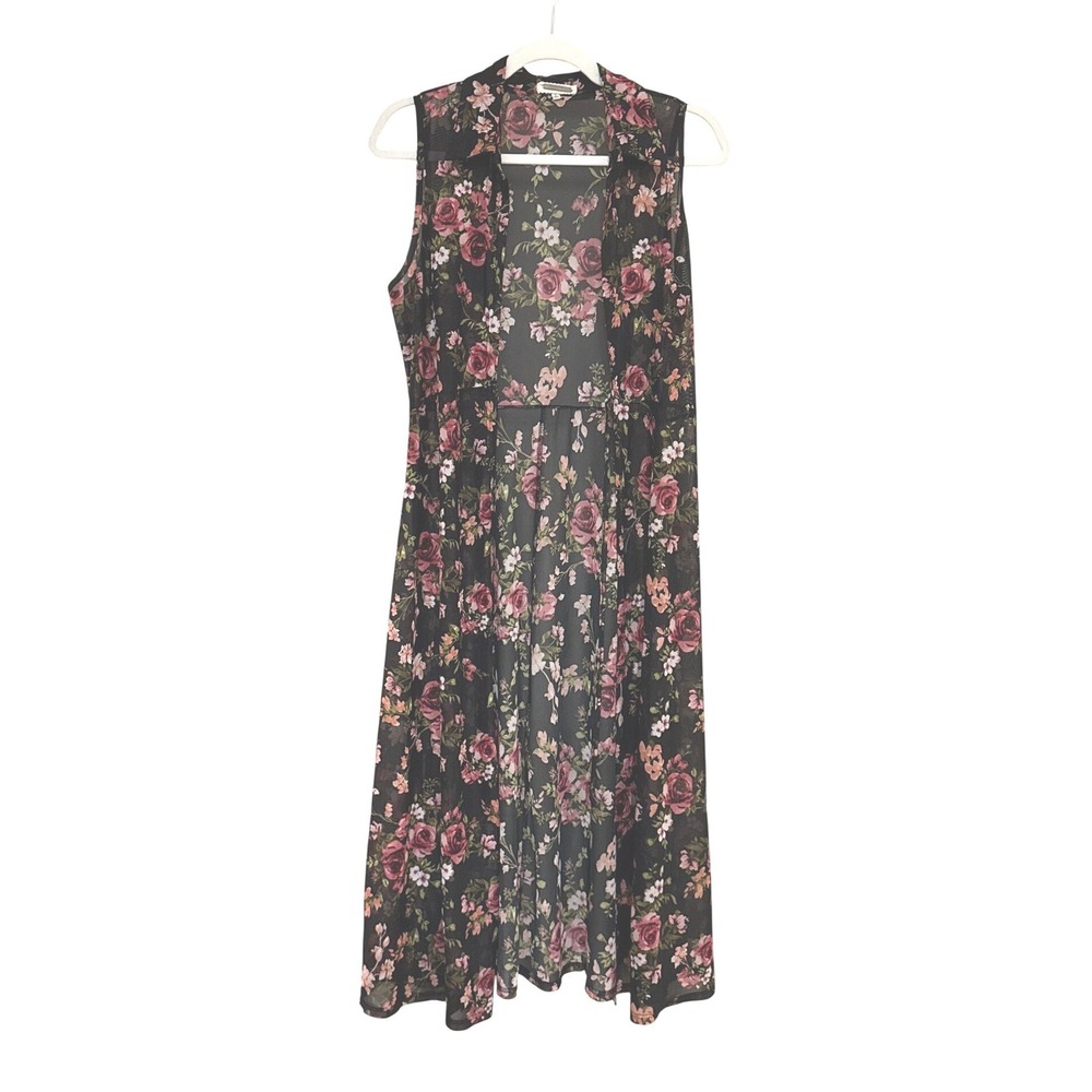 Womens Floral Mesh Sheer Duster Sleeveless Tie Front Whimsigoth Fairy Boho‎  L